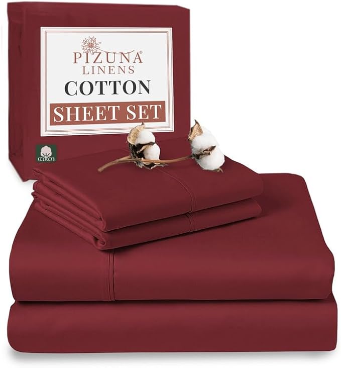 Pizuna Pure 100% Cotton Sheets Queen Size, Luxurious 400 Thread Count Long Staple Cotton Sateen Sheets with 15" Deep Pocket (Combed Rio Red Sheet Queen)