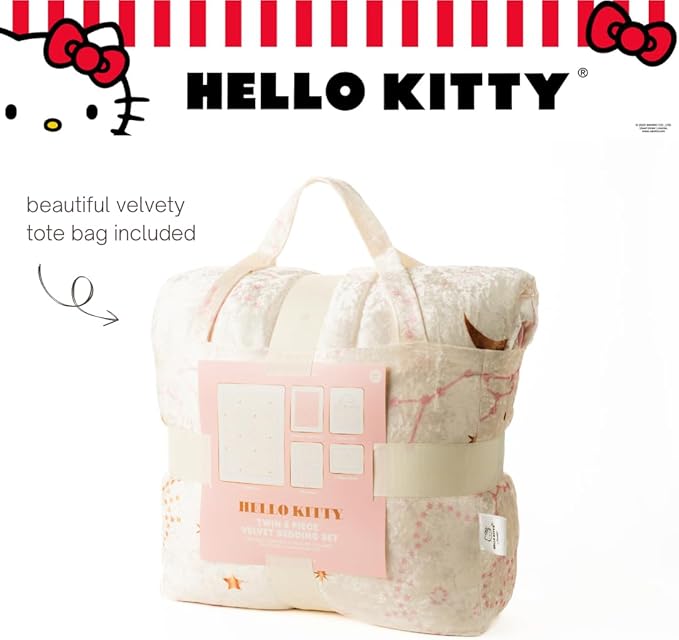 Lux Hello Kitty Velvet Bedding 5 Piece Super Soft Cozy Reversible Comforter and Sheet Set with Sham & Tote Bag, Twin, (Officially Licensed Product) by Franco