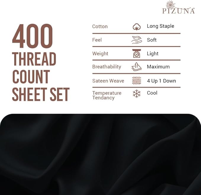 Pizuna Pure 100% Cotton Sheets Queen Size, Luxurious 400 Thread Count Long Staple Cotton Sateen Sheets with 15inch Deep Pocket (Combed Black Cotton Queen Sheet Set)