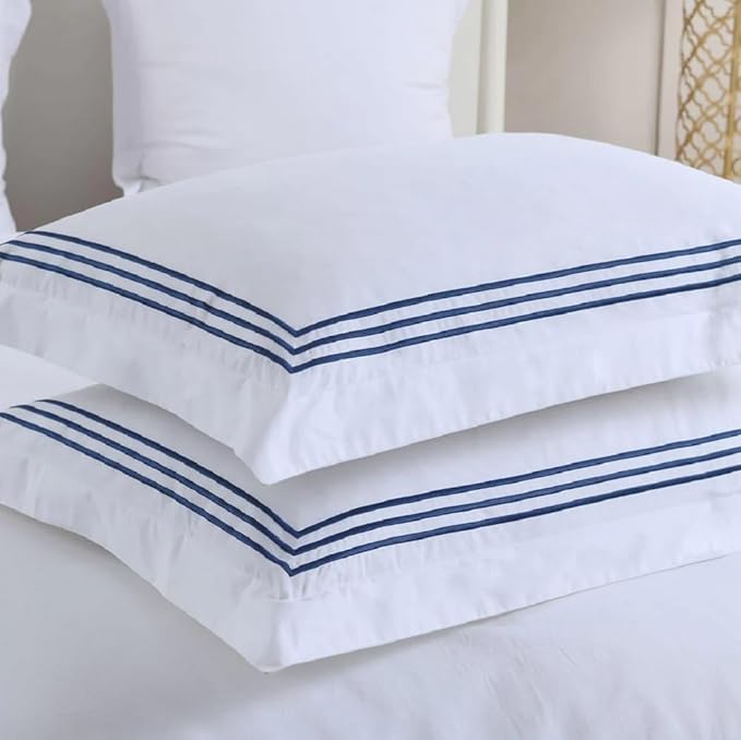 Royal Hotel Bedding Embroidered Adeline 3 Piece Comforter Cover with Pillow Shams, Duvet Cover Set, 100% Cotton Percale, Full/Queen, Navy