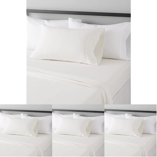 Amazon Basics Lightweight Super Soft Easy Care Wrinkle Free Microfiber 3 Piece Bed Sheet Set with 14-Inch Deep Pockets,Twin,Cream,Solid,Kids,Men & Women Bedding,(Pack of 4)
