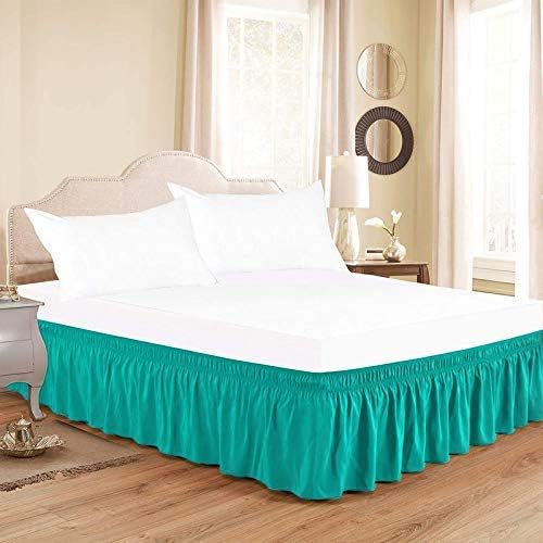 Wrap Around Bed Skirts Elastic Dust Ruffles, Easy Fit Wrinkle and Fade Resistant Silky Microfiber Fabric Solid Color Bedskirt, 12 Inch Tailored Drop Teal for Cal King Size Bed Skirt