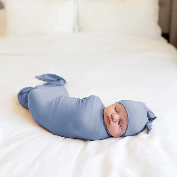 Large Jersey Knitted Swaddle Blanket for Baby, Soft Stretchy Receiving Blanket for Newborns with Hat, Baby Nursery Swaddle 47 x 47 inches(Steel Blue)
