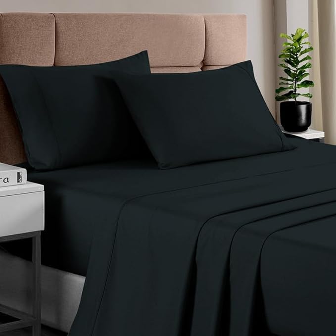 Pizuna Pure 100% Cotton Sheets King Size, Luxurious 400 Thread Count Long Staple Cotton Sateen Sheets with 15" Deep Pocket (Combed Black Sheet King)