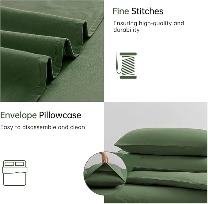 JELLYMONI Green Duvet Cover Twin Size - 100% Washed Cotton Linen Feel Textured Comforter Cover, 2 Pieces Breathable Soft Bedding Set with Zipper Closure (Green, Twin 68"x90")