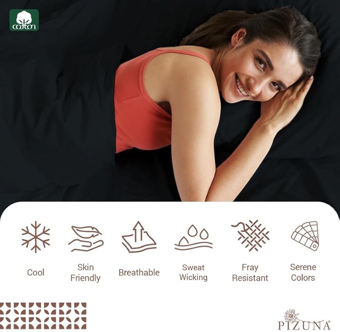 Pizuna Pure 100% Cotton Sheets Queen Size, Luxurious 400 Thread Count Long Staple Cotton Sateen Sheets with 15inch Deep Pocket (Combed Black Cotton Queen Sheet Set)