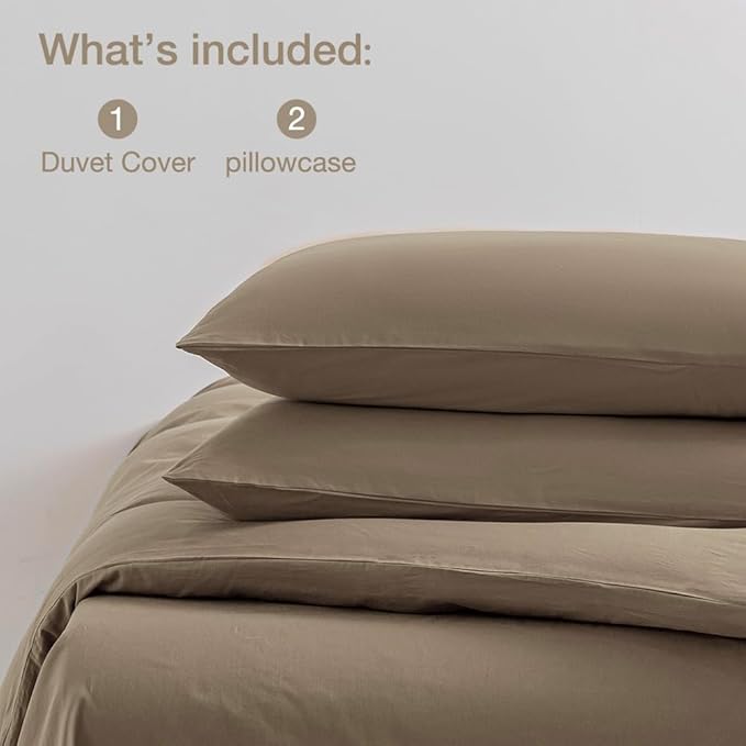 JELLYMONI Khaki Duvet Cover Queen Size - 100% Washed Cotton Linen Like Textured Comforter Cover, 3 Pieces Breathable Soft Bedding Set with Zipper Closure (Khaki, Queen 90"x90")