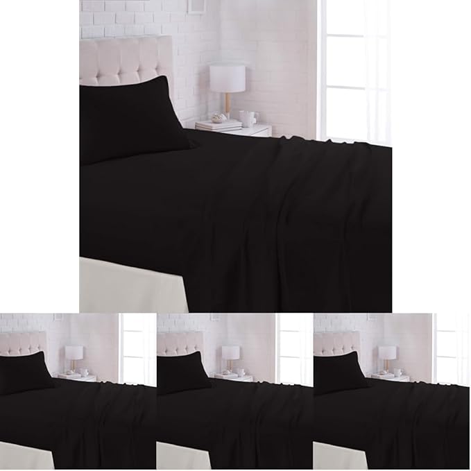 Amazon Basics Lightweight Breathable Super Soft Easy Care Wrinkle Resistant Brushed Microfiber 3 Piece Bed Sheet Set with 14-Inch Deep Pockets, Twin, Black, Solid (Pack of 4)