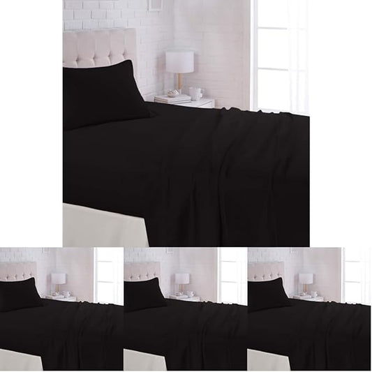 Amazon Basics Lightweight Breathable Super Soft Easy Care Wrinkle Resistant Brushed Microfiber 3 Piece Bed Sheet Set with 14-Inch Deep Pockets, Twin, Black, Solid (Pack of 4)