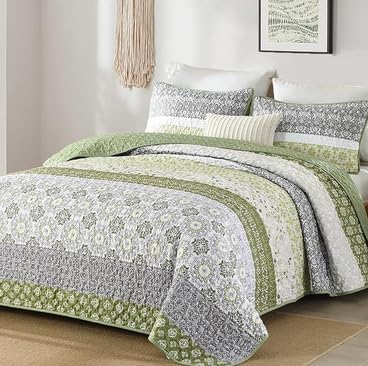 WONGS BEDDING Boho Quilt Set Full Size,Olive Green Bohemian Striped Patchwork Bedspread Coverlet Set,3 Pieces Microfiber Bedding Set for All Seasons (78"x90")
