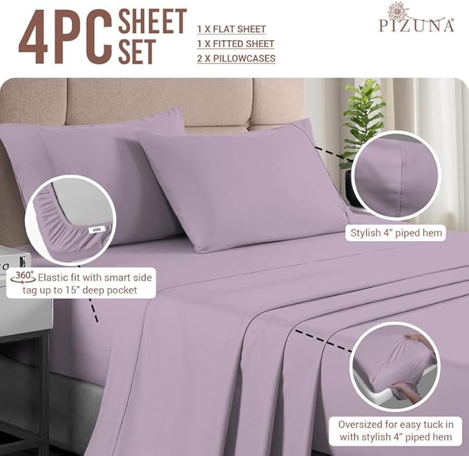Pizuna Pure 100% Cotton Sheets Queen Size, Luxurious 400 Thread Count Long Staple Cotton Sateen Sheets Queen with 15" Deep Pocket (Combed Lavender Frost Cotton Sheets Queen)