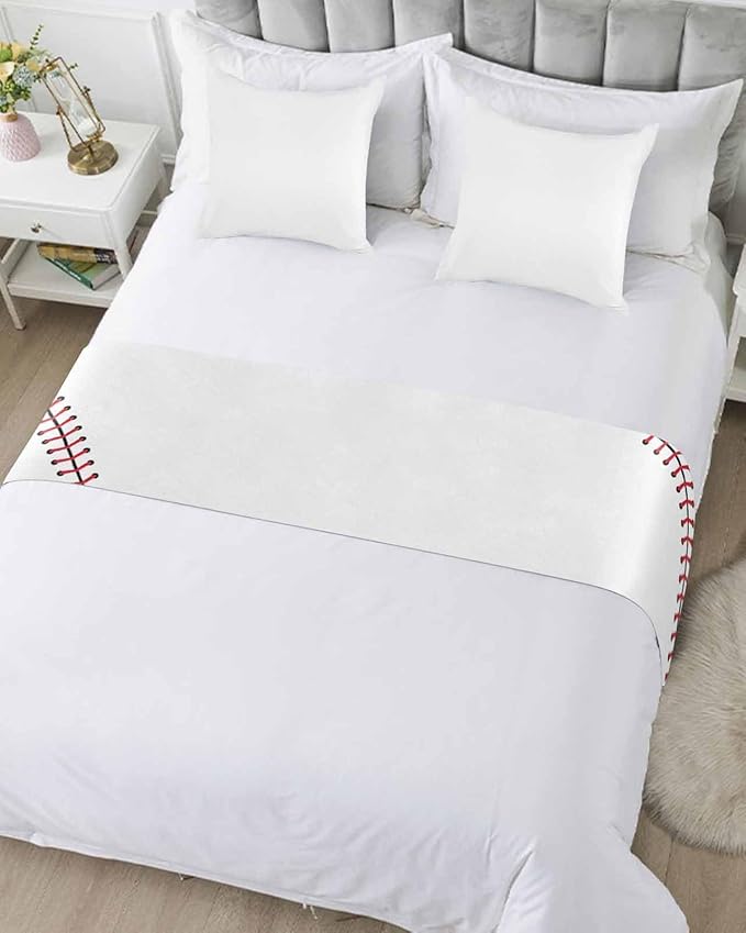 Baseball Sports Texture Bed Runners for Bedroom Hotel,Decorative Bedding Scarf White Red Lines Bed End Blanket Bedding Runner Scarves for King Size Bed,102x20in