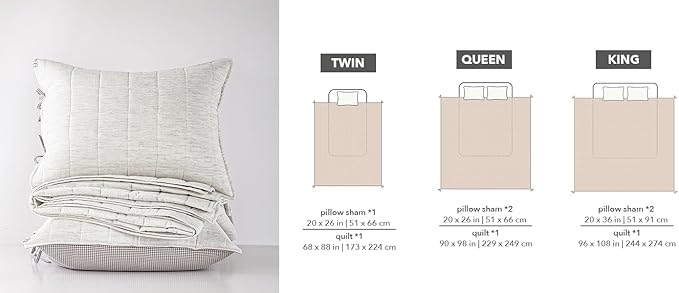 White Twin Quilt， Cotton Linen Twin Quilt Bedding Set，2-Pieces Quilted with Grey Gingham Coverlet Light Weight Bedding comforters with 1 Pillow Sham