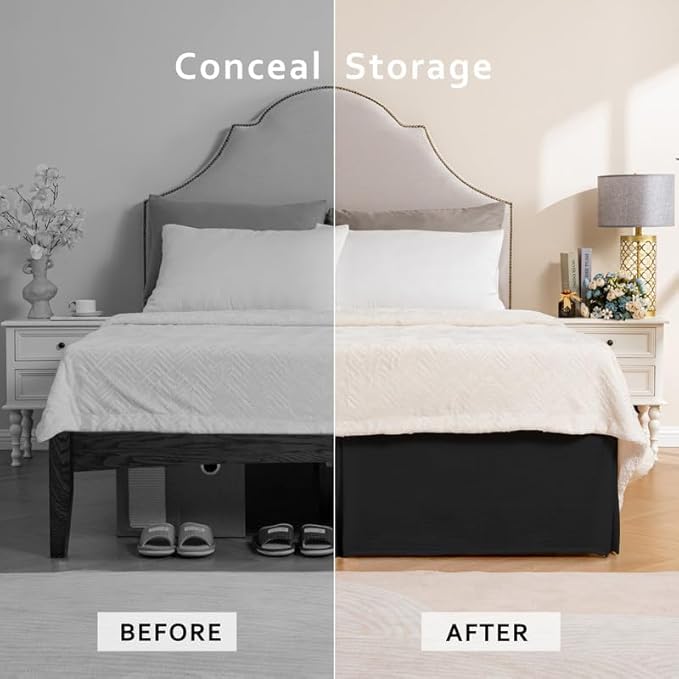 MIYE Pleated Waffle Weave Bed Skirt, Tailored Dust Ruffle 14 Inch Drop Easy Fit, Machine Washable (Black, Full - 14" Drop)