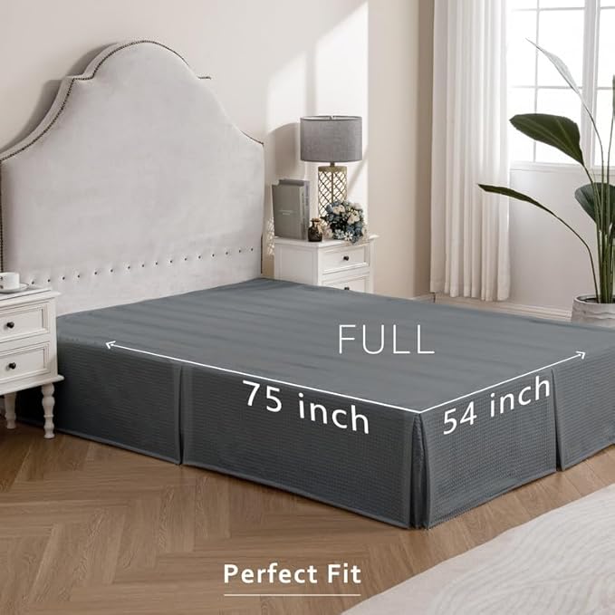 MIYE Pleated Waffle Weave Bed Skirt, Tailored Dust Ruffle 16 Inch Drop Easy Fit, Machine Washable (Dark Grey, Full - 16" Drop)