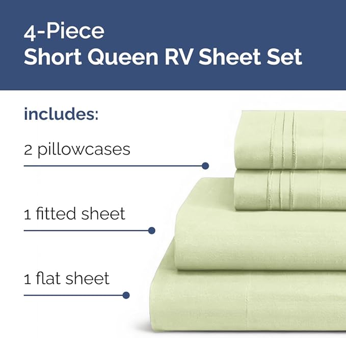 Short Queen Size 4 Piece Sheet Set - RV Short Queen, Soft, Breathable & Cooling Bed Sheets Set with Deep Pockets - Hotel Luxury Bedding for Women, Men, Kids, Teens, Boys and Girls - Light Sage Green
