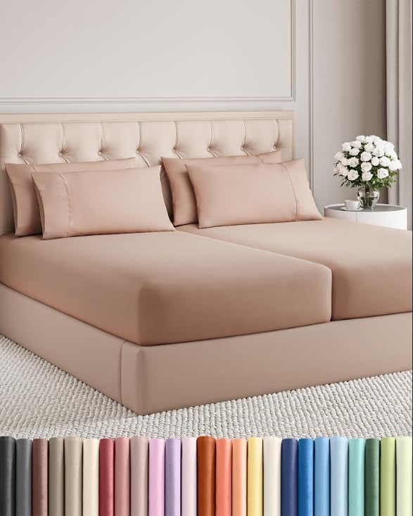 Split King 7 Piece Sheet Set - Comfy Breathable & Cooling - Ultra-Soft Hotel Luxury Bedding Set w/ 8-16 Inch Deep Pockets - 1 Flat & 2 Fitted Sheet & 4 Pillowcases - Wrinkle Free & Easy Care - Mauve