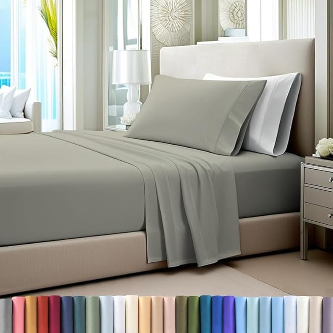 Pizuna Pure 100% Cotton Sheets Twin XL Size, Luxurious 400 Thread Count Long Staple Cotton Sateen Sheets with 15inch Deep Pocket (Combed Silver Sheet Twin XL)