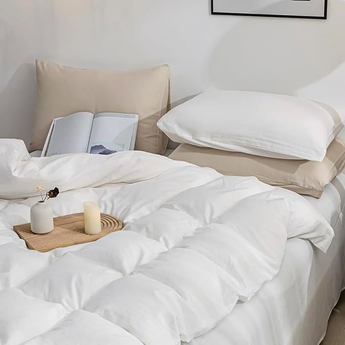 JELLYMONI White Duvet Cover Oversized King Size - 100% Washed Cotton Lightweight Cooling Comforter Cover, 3 Pieces Soft Bedding Set with Zipper Closure (Off White, 120"x98")