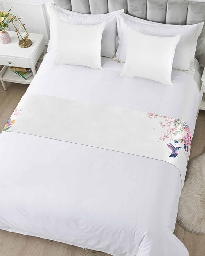 Blossom Floral Hummingbird Bed Runners for Bedroom Hotel,Decorative Bedding Scarf Butterfly Blossom Flower Plant Bed End Blanket Bedding Runner Scarves for Twin Size Bed,71x20in