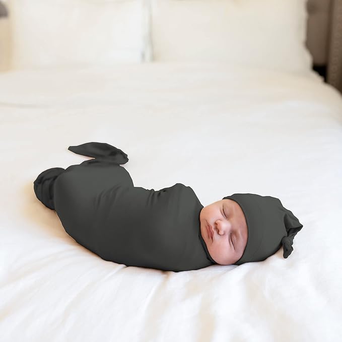 Large Jersey Knitted Swaddle Blanket for Baby, Soft Stretchy Receiving Blanket for Newborns with Hat, Baby Nursery Swaddle 47 x 47 inches(Iron)