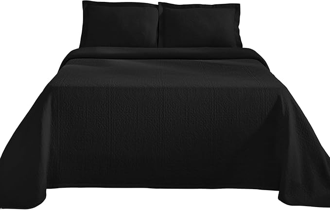 Superior Cotton Fleur De Lis Bedspread Set, Warm Blankets, All-Season Bedding, Bedroom Decor, Decorative Boho Medallion Coverlet, Includes 1 Bedspread, 2 Pillow Shams, Full, Black