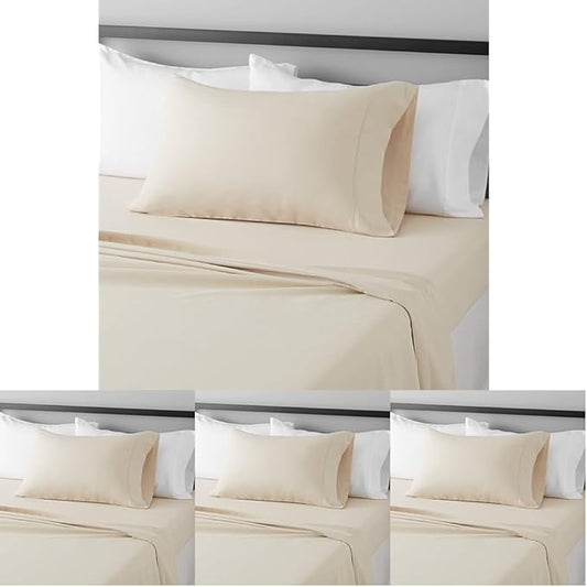 Amazon Basics Lightweight Super Soft Easy Care Comfortable Breathable Brushed Microfiber 3-Piece Bed Sheet Set with 14-Inch Deep Pockets,Wrinkle Resistant,Twin XL,Beige,Solid,(Pack of 4)
