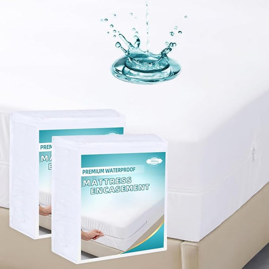 Full Waterproof Zippered Mattress Encasement, Breathable, Noiseless, Machine-Washable Zipped Mattress Cover, Fitting 7" - 13" Deep Mattress 2 Pack