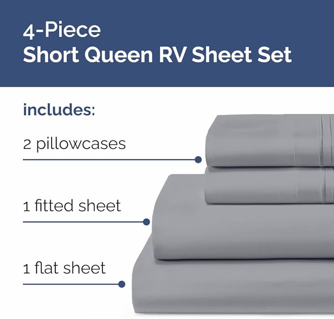 Short Queen Size 4 Piece Sheet Set - RV Short Queen, Soft, Breathable & Cooling Bed Sheets Set w/ Deep Pockets - Hotel Luxury Bedding for Women, Men, Kids, Teens, Boys & Girls - Oeko-Tex - Steel Blue