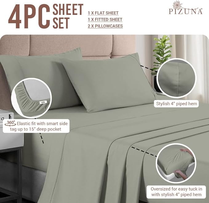 Pizuna Pure 100% Cotton Queen Size Sheet Set Silver, Luxurious 400 Thread Count Long Staple Cotton Sateen Sheets with 15" Deep 2 Extra Pillowcase (Combed Cotton Bed Sheet Set)