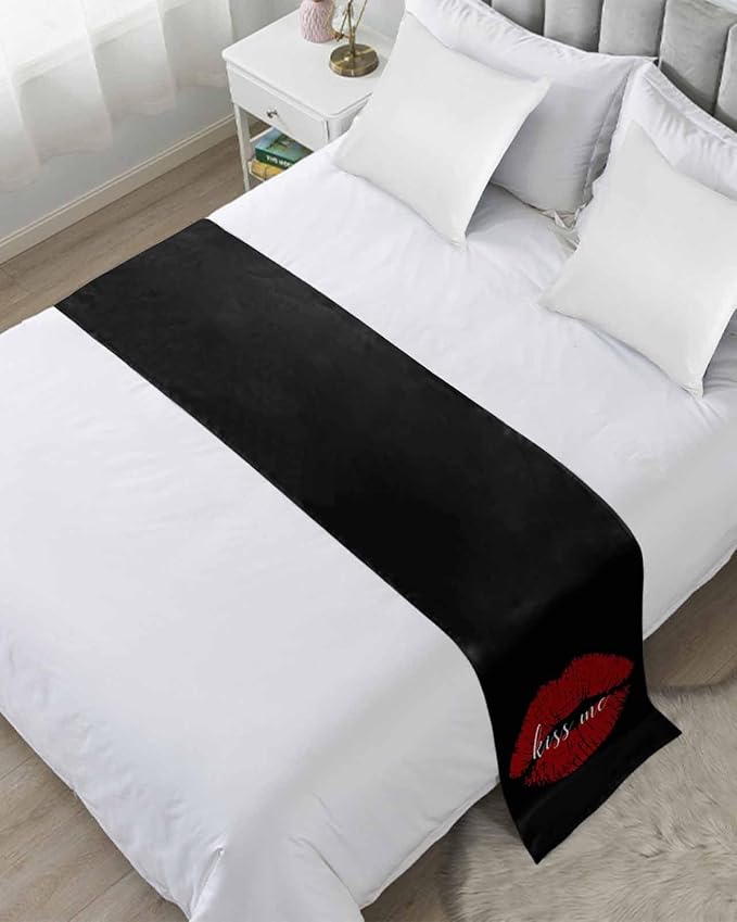 Red Lip Print Kiss Me Bed Runners for Bedroom Hotel,Decorative Bedding Scarf Black Back Bed End Blanket Bedding Runner Scarves for Full Size Bed,83x20in