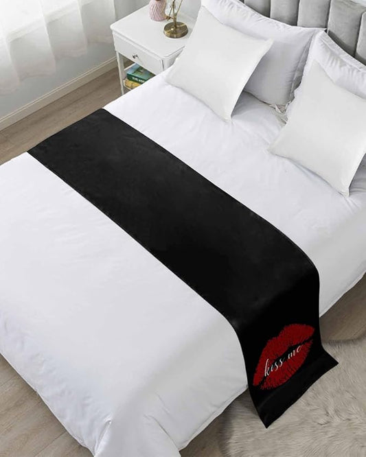 Red Lip Print Kiss Me Bed Runners for Bedroom Hotel,Decorative Bedding Scarf Black Back Bed End Blanket Bedding Runner Scarves for Full Size Bed,83x20in