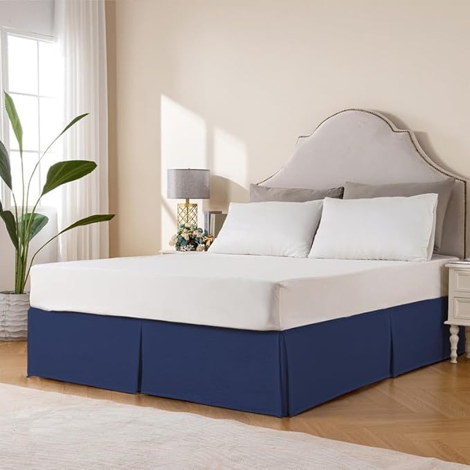 MIYE Pleated Waffle Weave Bed Skirt, Tailored Dust Ruffle 18 Inch Drop Easy Fit, Machine Washable (Navy Blue, Twin - 18" Drop)