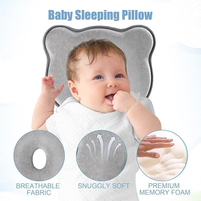 Memory Foam Travel Pillow, Cozy andsoft, Cotton Velvet Cover for Kids Boy Girls, Nap Time, Cute Bear Portable Pillow, Pillow Neck Support Head Support car seat (Grey)