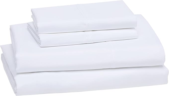 Amazon Basics Lightweight Super Soft Breathable Wrinkle-Resistant Microfiber 4-Piece Bed Sheet Set with 14-Inch Deep Pockets, Queen, Bright White, Solid