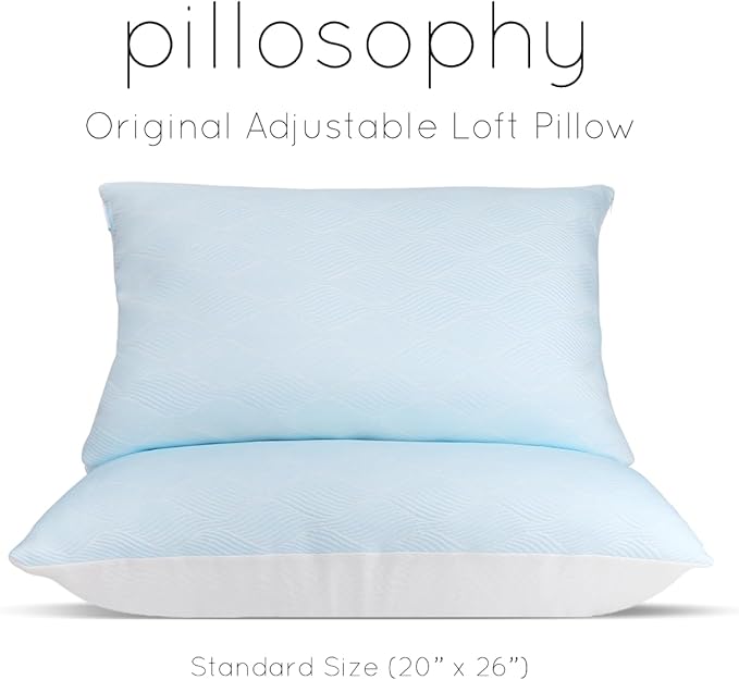 pillosophy Original Adjustable Loft Pillow • Gel-Infused Shredded Memory Foam Fill • Dual-Sided Washable Cooling Cover • Perfect for Back, Side, Stomach Sleepers (Standard Size, 1-Pack)