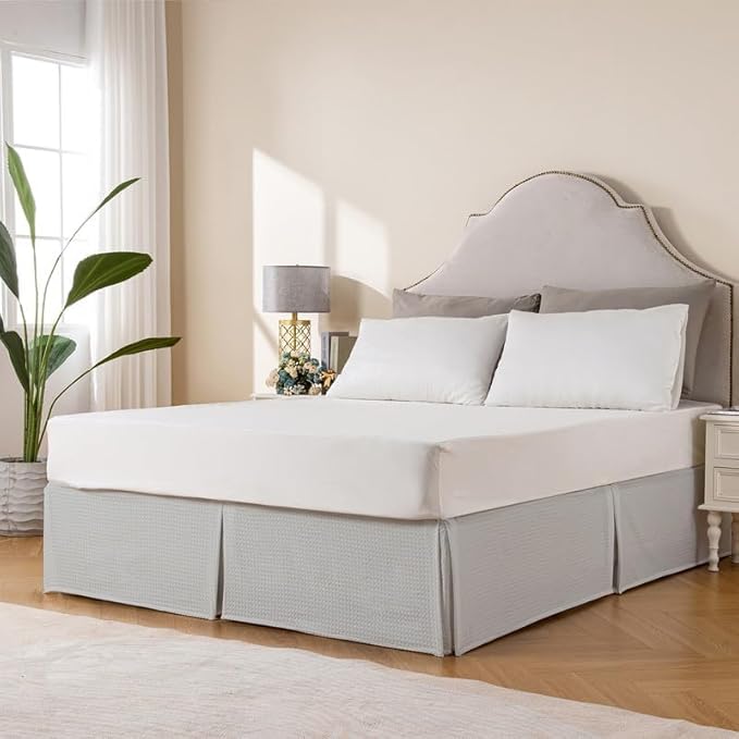MIYE Pleated Waffle Weave Bed Skirt, Tailored Dust Ruffle 18 Inch Drop Easy Fit, Machine Washable (Light Grey, Twin - 18" Drop)