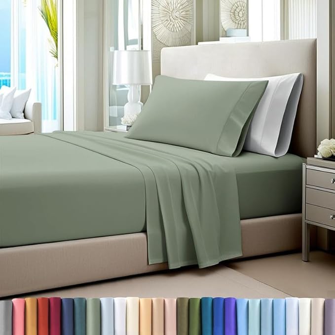 Pizuna Pure 100% Cotton Sheet Set Twin, Luxurious 400 Thread Count Long Staple Cotton Sateen Sheets Twin with 15" Deep Pocket (Sea Foam)