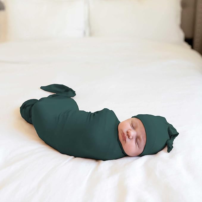Large Jersey Knitted Swaddle Blanket for Baby, Soft Stretchy Receiving Blanket for Newborns with Hat, Baby Nursery Swaddle 47 x 47 inches(Peacock)