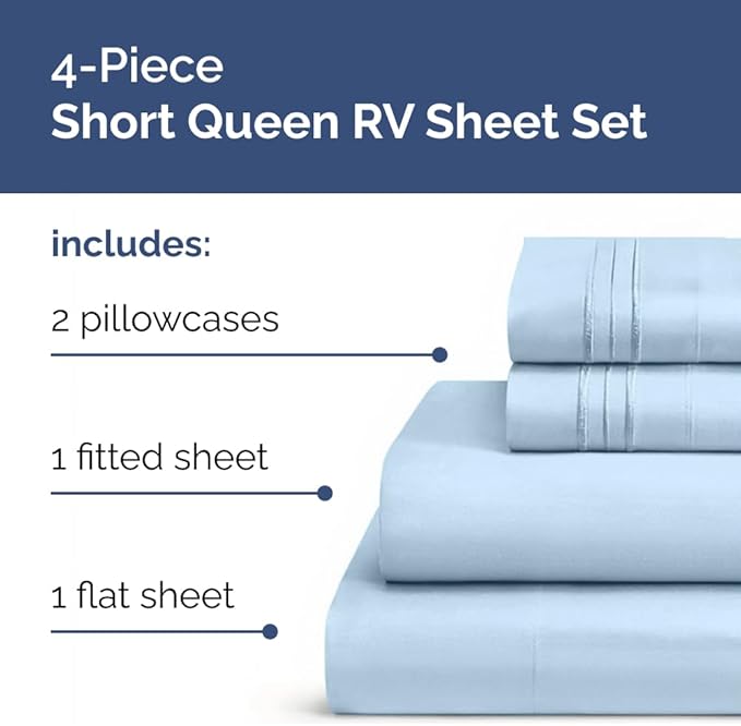 Short Queen RV Size 4 Piece Sheet Set - Comfy Breathable & Cooling Bed Sheets Set - Hotel Luxury Bedding for Women, Men, Kids, Teens, Boys & Girls - Deep Pockets & Ultra-Soft - Oeko-Tex - Light Blue