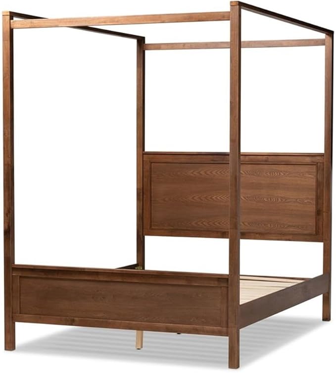 BOWERY HILL Queen Size Wood Platform Canopy Bed, Walnut Finish, Rubberwood and MDF Construction, Tall Beams for Drapes, Inset Paneling, 87.3 in Canopy Height, No Box Spring Needed, Bedroom Furniture