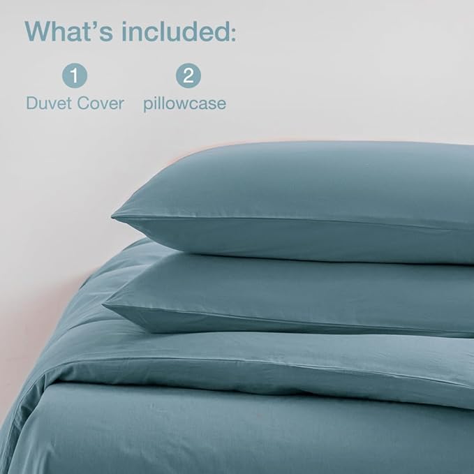 JELLYMONI Cotton Duvet Cover Queen Size - 100% Washed Cotton Linen Like Textured Comforter Cover, 3 Pieces Breathable Soft Bedding Set with Zipper Closure (Grayish Blue, Queen 90"x90")