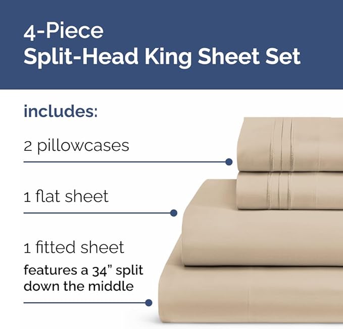 Flex Top Split Head King 4 Piece Sheet Set - Comfy Breathable & Cooling Bed Sheets Set - Hotel Luxury Bedding for Women, Men, Kids, Teens, Boys & Girls - Deep Pockets, Ultra-Soft - Oeko-Tex - Wheat