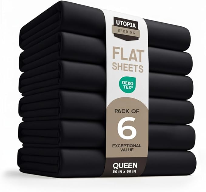 Utopia Bedding Flat Sheets - Pack of 6 - Soft Brushed Microfiber Fabric - Shrinkage & Fade Resistant Top Sheets - Easy Care (Queen, Black)