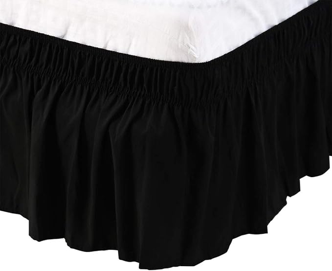 Bed Skirt - Wrap Around Bed Skirts Elastic Dust Ruffles, Easy Fit Wrinkle and Fade Resistant Luxurious Fabric Solid Color, Black Short Queen Size Beds 15 Inch Drop
