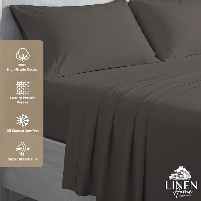 Linen Home 100% Cotton Percale Sheets Queen Size, Smoky Charcoal, Deep Pocket, 4 Pieces Set - 1 Flat, 1 Deep Pocket Fitted Sheet and 2 Pillowcases, Crisp Cool and Strong Bed Linen