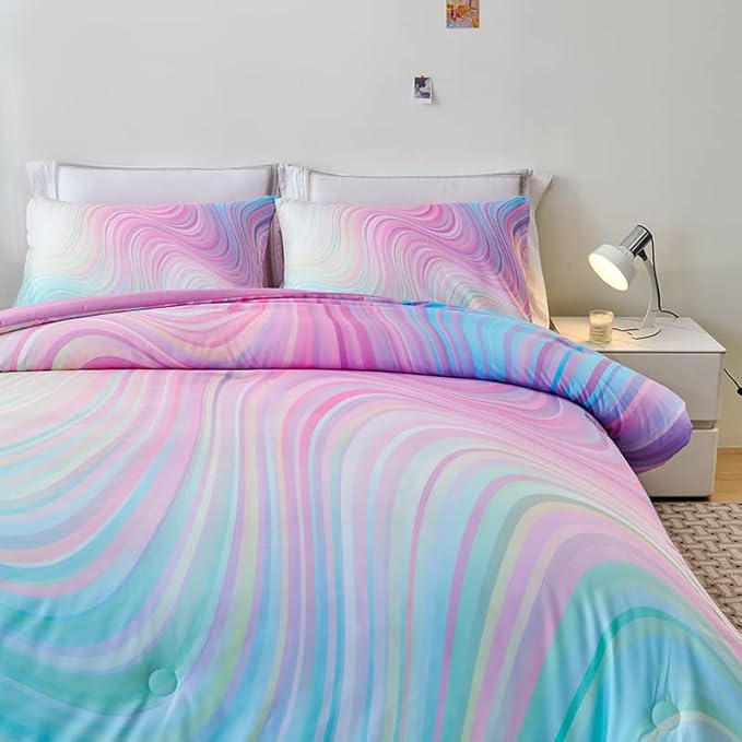 tie dye Queen Comforter Set,Queen Comforter Set for Girls,Pink Comforter Set for Kids Teens,Kids Queen Bedding Set for Girls,Colorful Rainbow Bedding Set for Girl