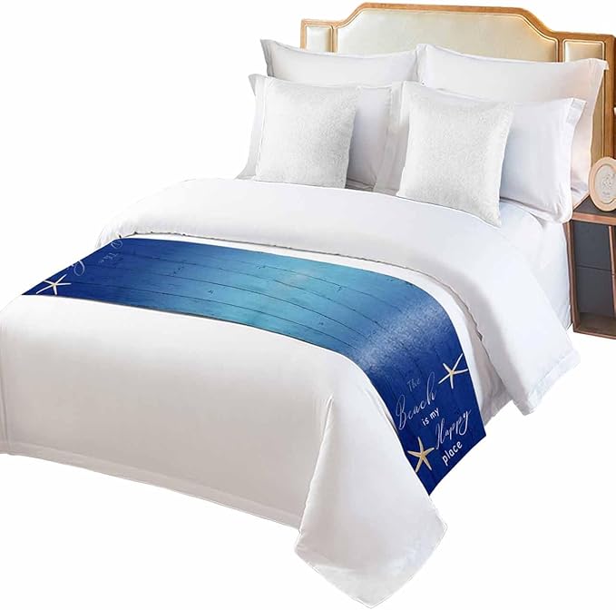 Happy Beach Place Marine Starfish Bed Runner for Bedroom Hotel, Decorative Bedding Scarf Gradient Blue Wood Grain End Blanket Runner for California King Size, 102x20in