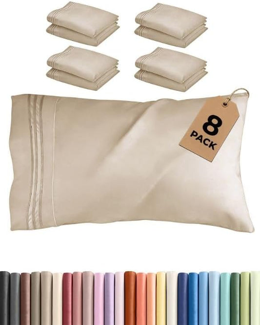 King Pillow Cases Set of 8 - Ultra Soft Hotel Quality Pillowcase Covers - Comfy & Wrinkle Free - Shrink, Stain and Fade Resistant - Easy-Care, Machine Washable Pillow Protectors - 8 Piece Set - Cream