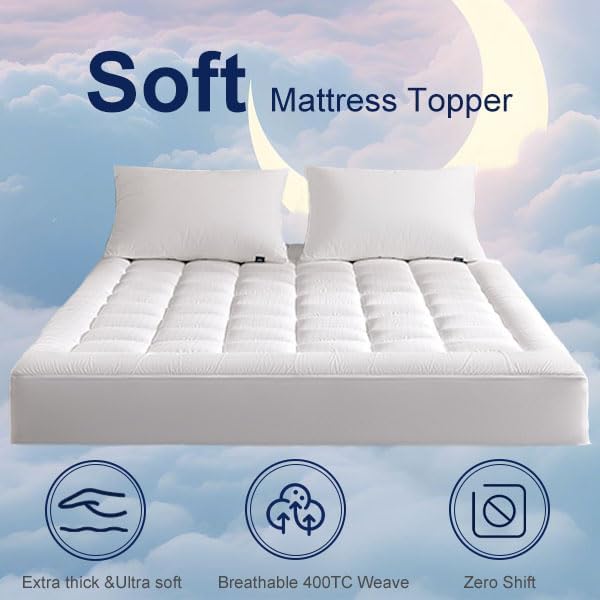 ACCURATEX Ultra Soft Mattress Topper Full Size - 2 Inches Thick Double Layer Comfort Pillow Top Mattress Pad for Back Pain Relief, 400TC Cotton Breathable Surface w/ 8-21 Inches Deep Pocket,54x75